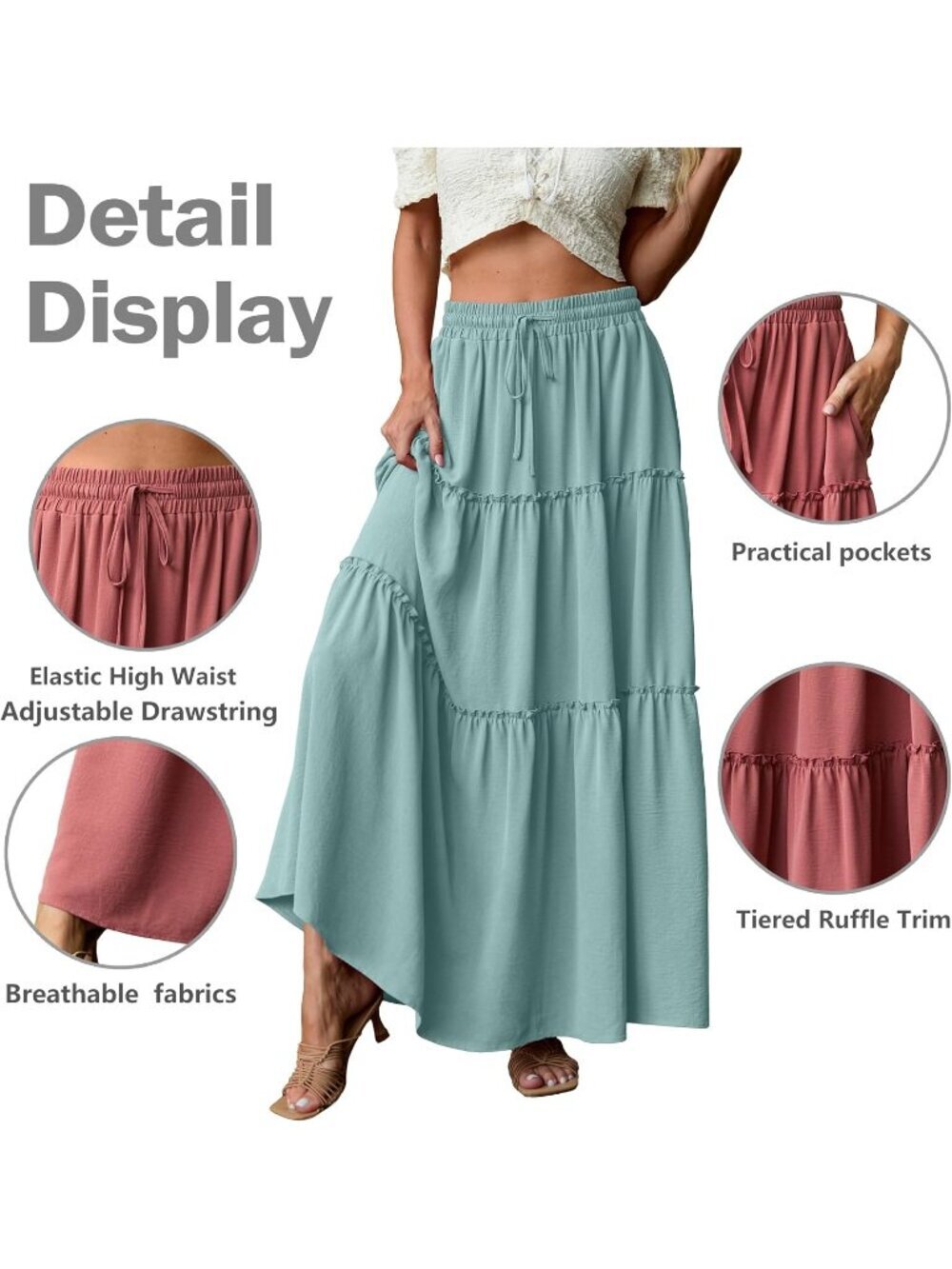 Women's Boho High Waisted Aqua Sea Maxi Skirts Tiered Floral Long Skirts Pockets - Picture 4 of 6